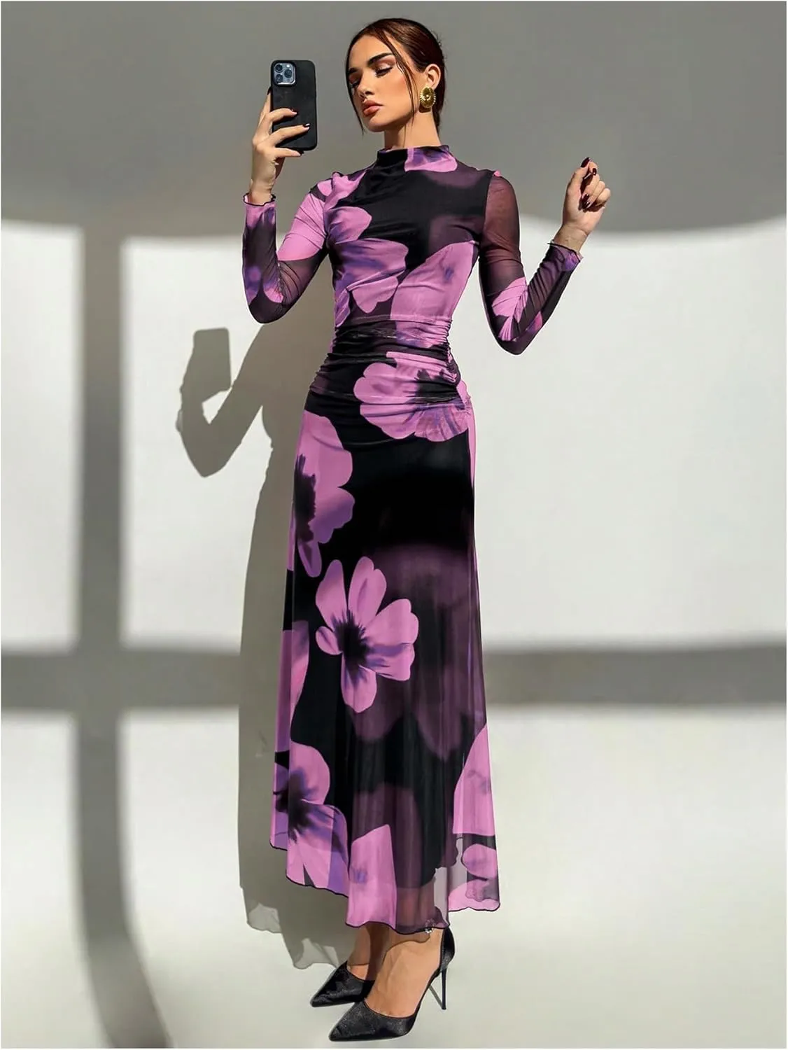 Verdusa Women's Floral Wedding Guest Dress Mesh Bodycon Long Sleeve Date Night Long Dresses
