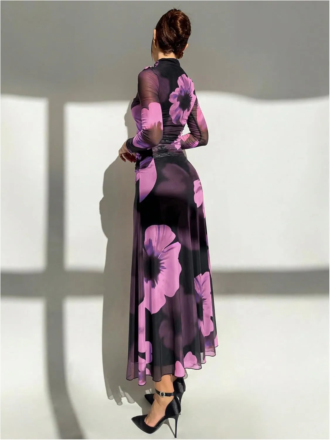 Verdusa Women's Floral Wedding Guest Dress Mesh Bodycon Long Sleeve Date Night Long Dresses