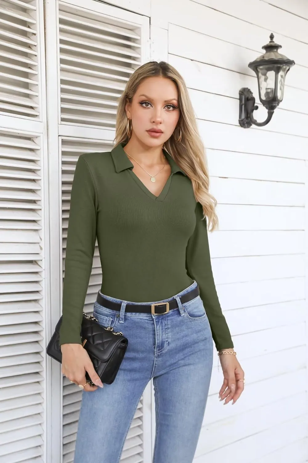VICHYIE Womens Long Sleeve Shirts Lapel V Neck Slim Fitted Ribbed Knit Trendy Tight Polo Tops
