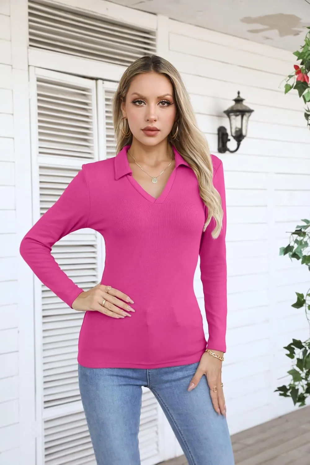 VICHYIE Womens Long Sleeve Shirts Lapel V Neck Slim Fitted Ribbed Knit Trendy Tight Polo Tops