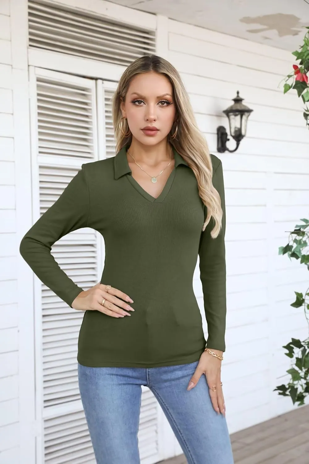 VICHYIE Womens Long Sleeve Shirts Lapel V Neck Slim Fitted Ribbed Knit Trendy Tight Polo Tops