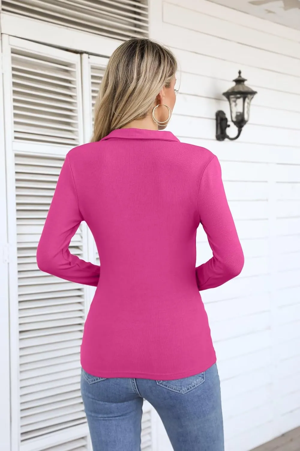 VICHYIE Womens Long Sleeve Shirts Lapel V Neck Slim Fitted Ribbed Knit Trendy Tight Polo Tops