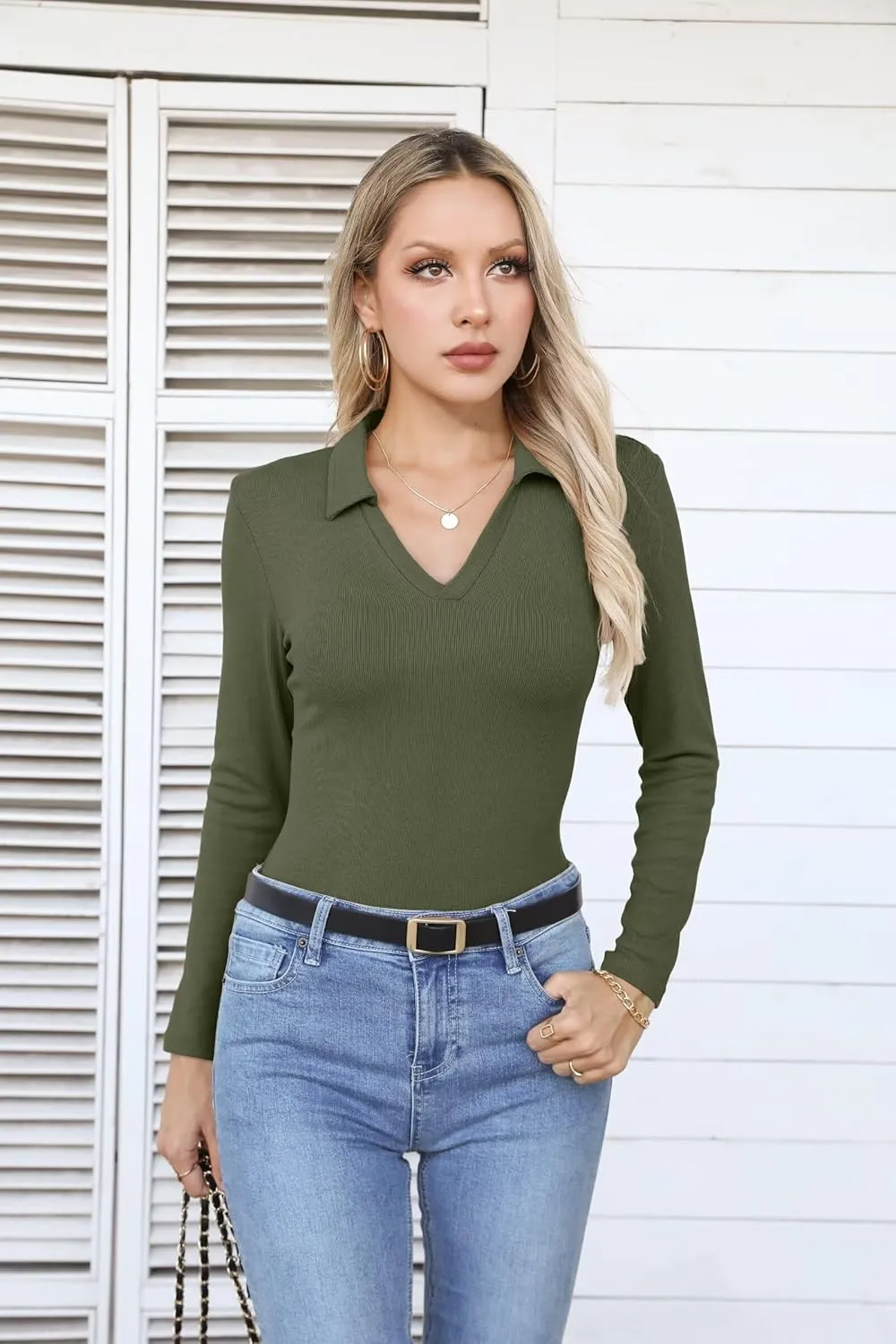 VICHYIE Womens Long Sleeve Shirts Lapel V Neck Slim Fitted Ribbed Knit Trendy Tight Polo Tops