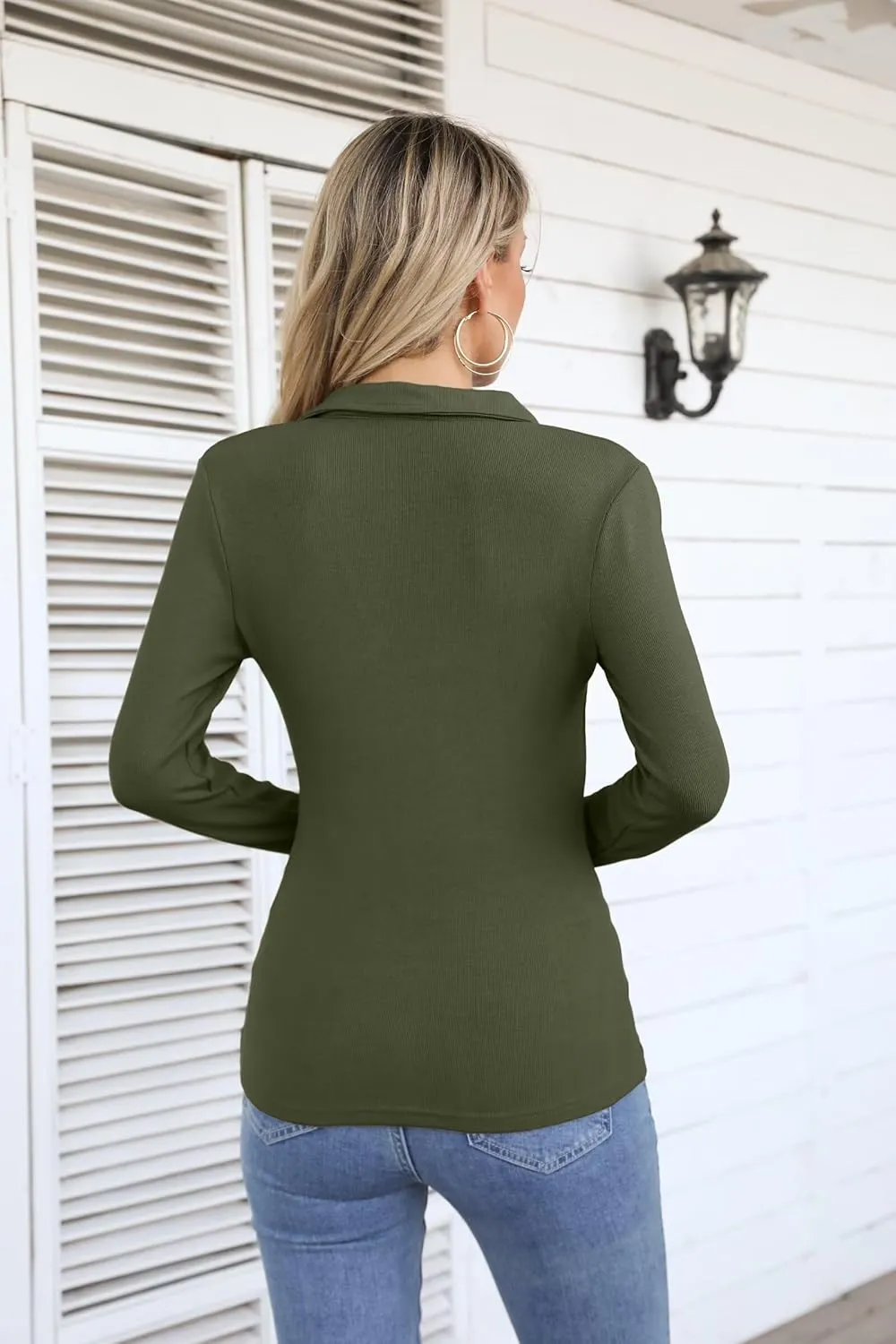 VICHYIE Womens Long Sleeve Shirts Lapel V Neck Slim Fitted Ribbed Knit Trendy Tight Polo Tops
