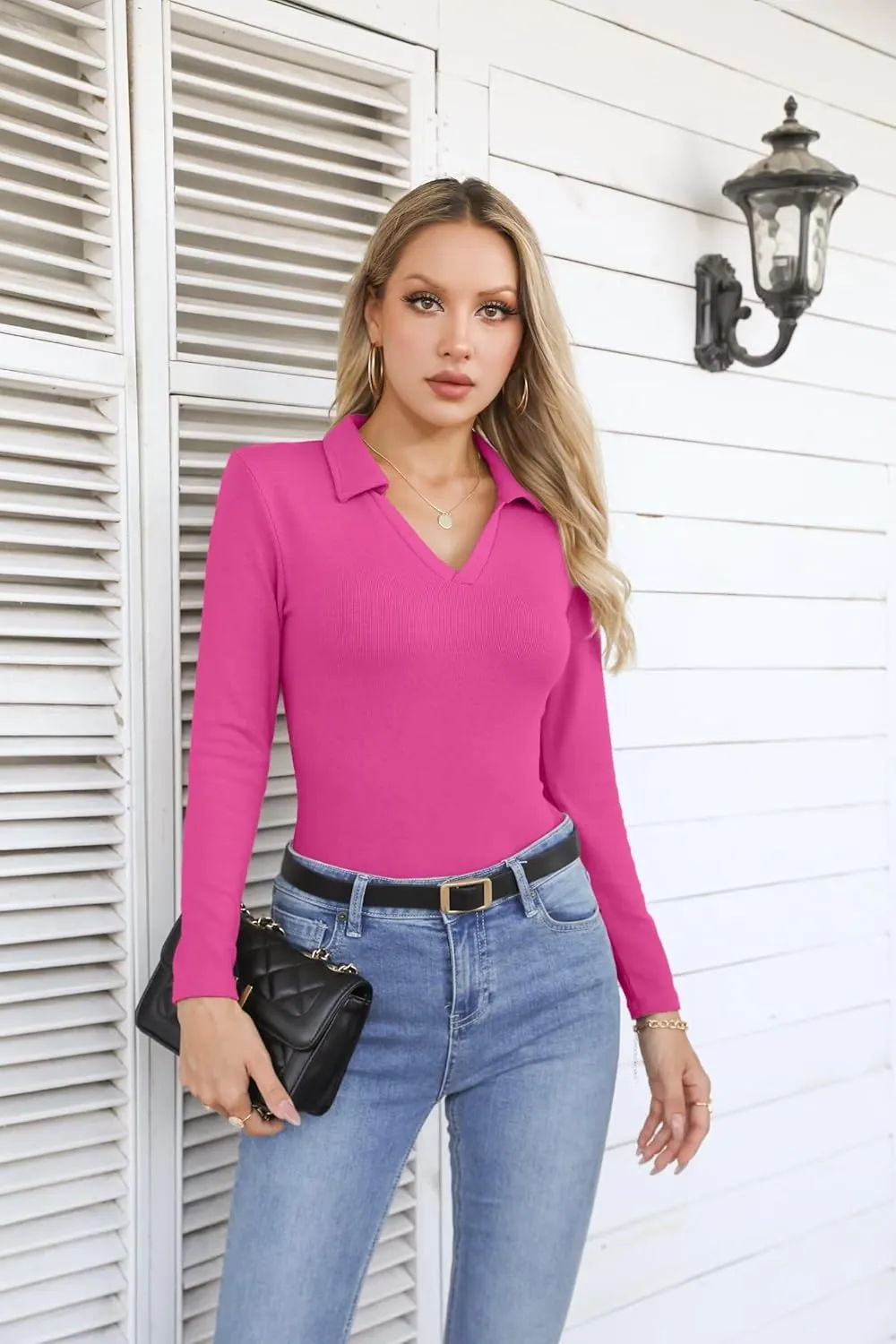 VICHYIE Womens Long Sleeve Shirts Lapel V Neck Slim Fitted Ribbed Knit Trendy Tight Polo Tops