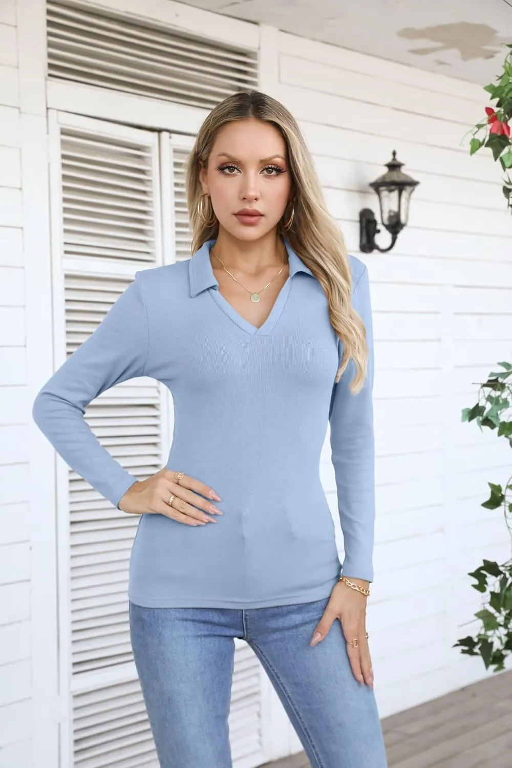 VICHYIE Womens Long Sleeve Shirts Lapel V Neck Slim Fitted Ribbed Knit Trendy Tight Polo Tops