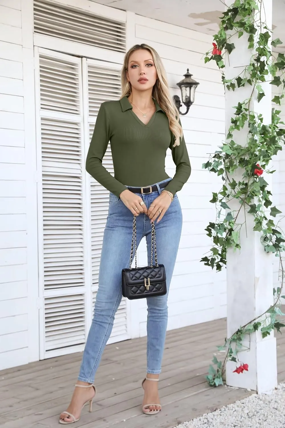 VICHYIE Womens Long Sleeve Shirts Lapel V Neck Slim Fitted Ribbed Knit Trendy Tight Polo Tops