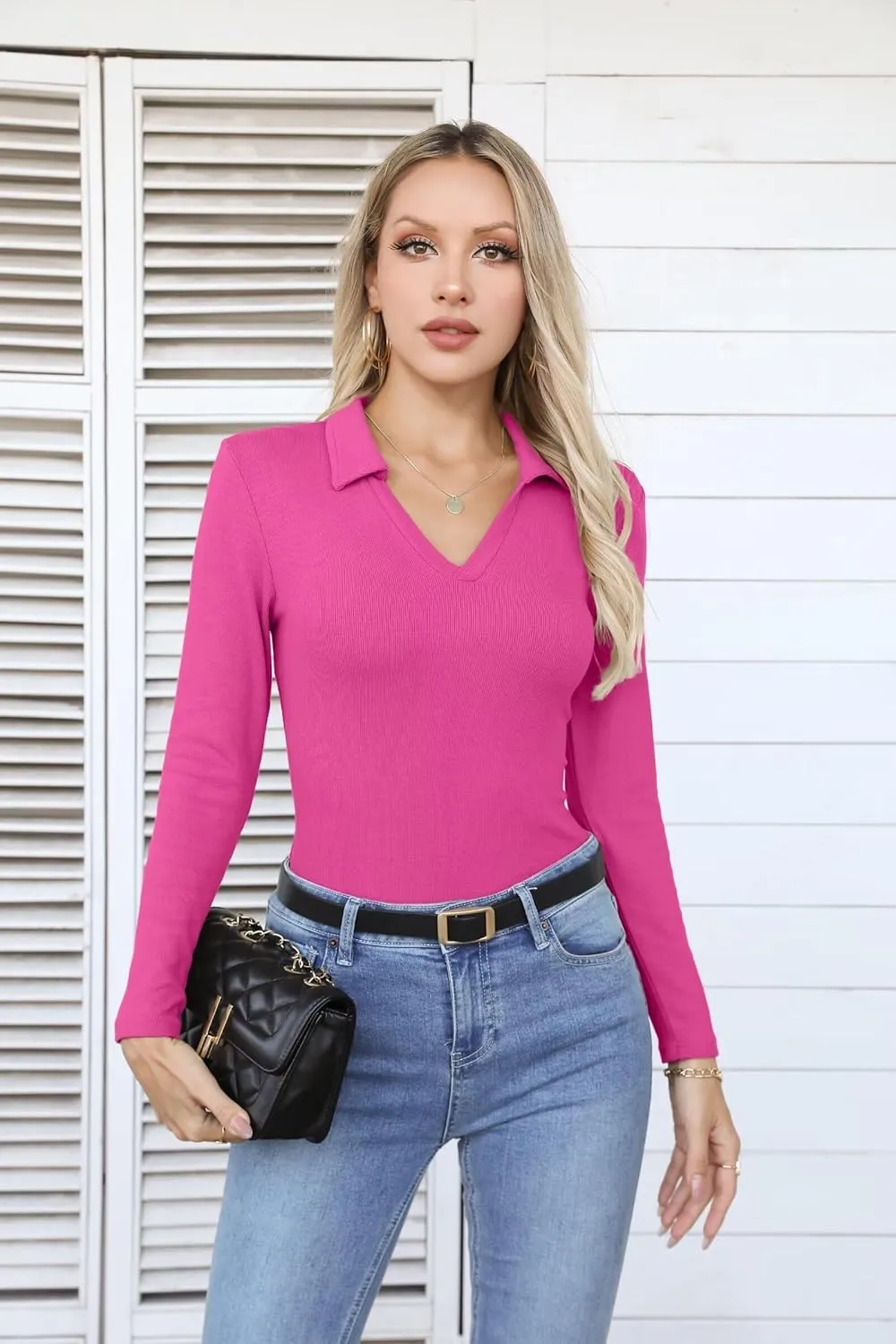 VICHYIE Womens Long Sleeve Shirts Lapel V Neck Slim Fitted Ribbed Knit Trendy Tight Polo Tops