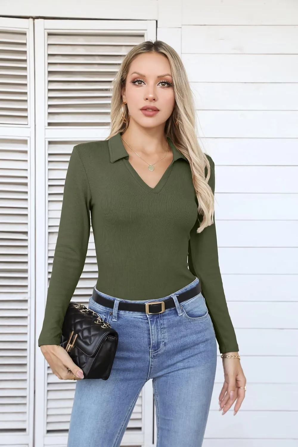 VICHYIE Womens Long Sleeve Shirts Lapel V Neck Slim Fitted Ribbed Knit Trendy Tight Polo Tops