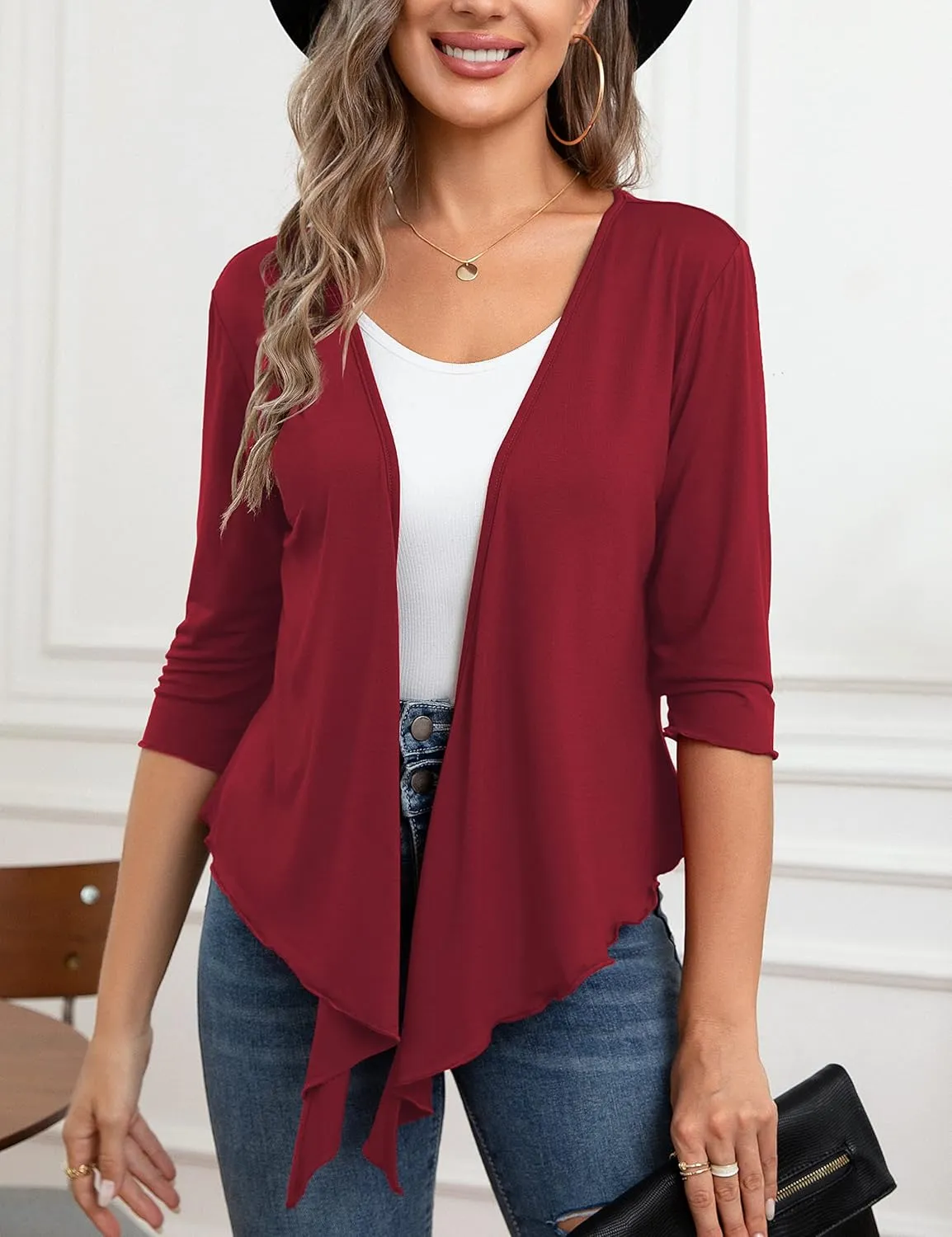 VOIANLIMO Women's Tie Front Casual 3/4 Sleeve Cropped Bolero Lightweight Sheer Shrug Cardigans S-XL