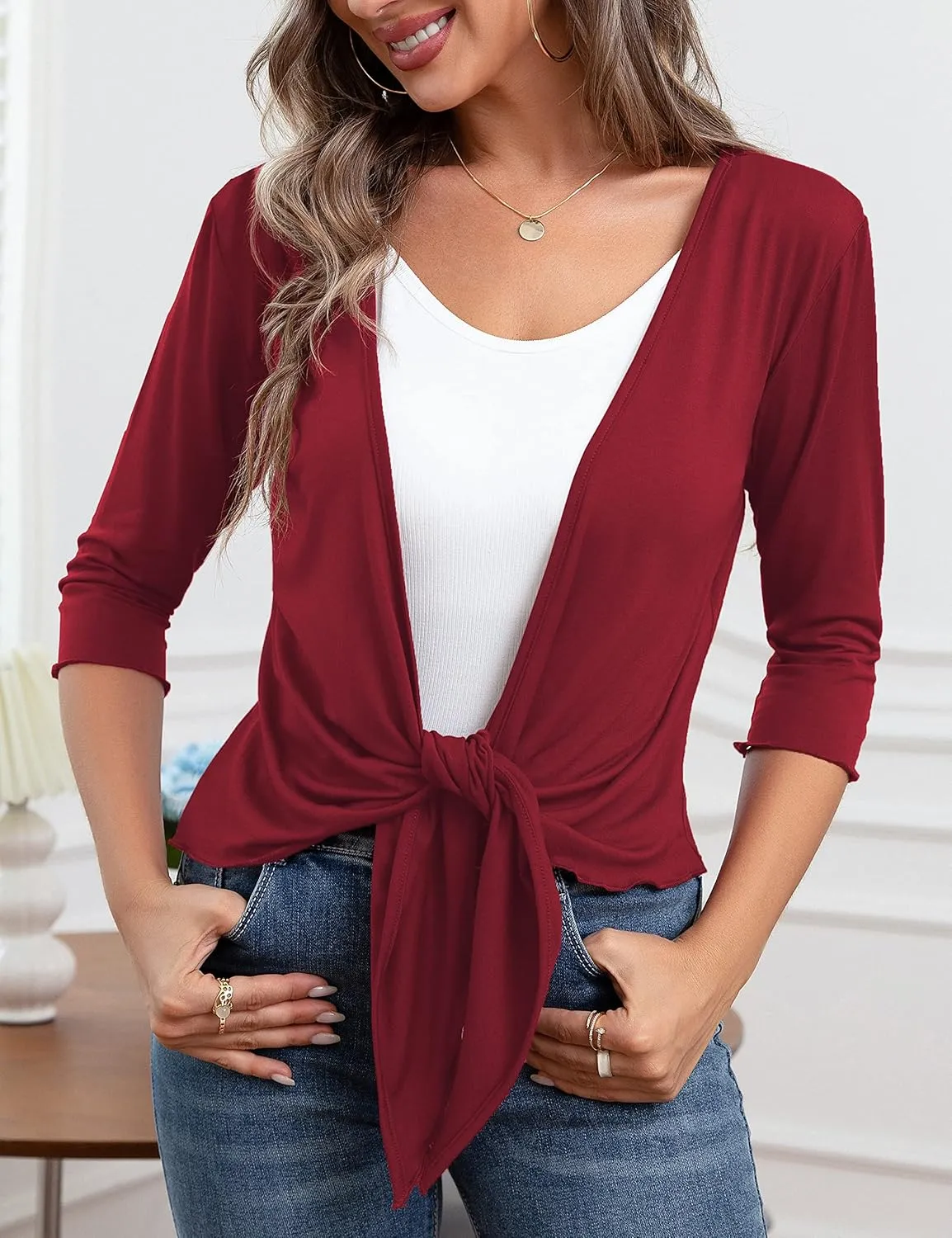 VOIANLIMO Women's Tie Front Casual 3/4 Sleeve Cropped Bolero Lightweight Sheer Shrug Cardigans S-XL