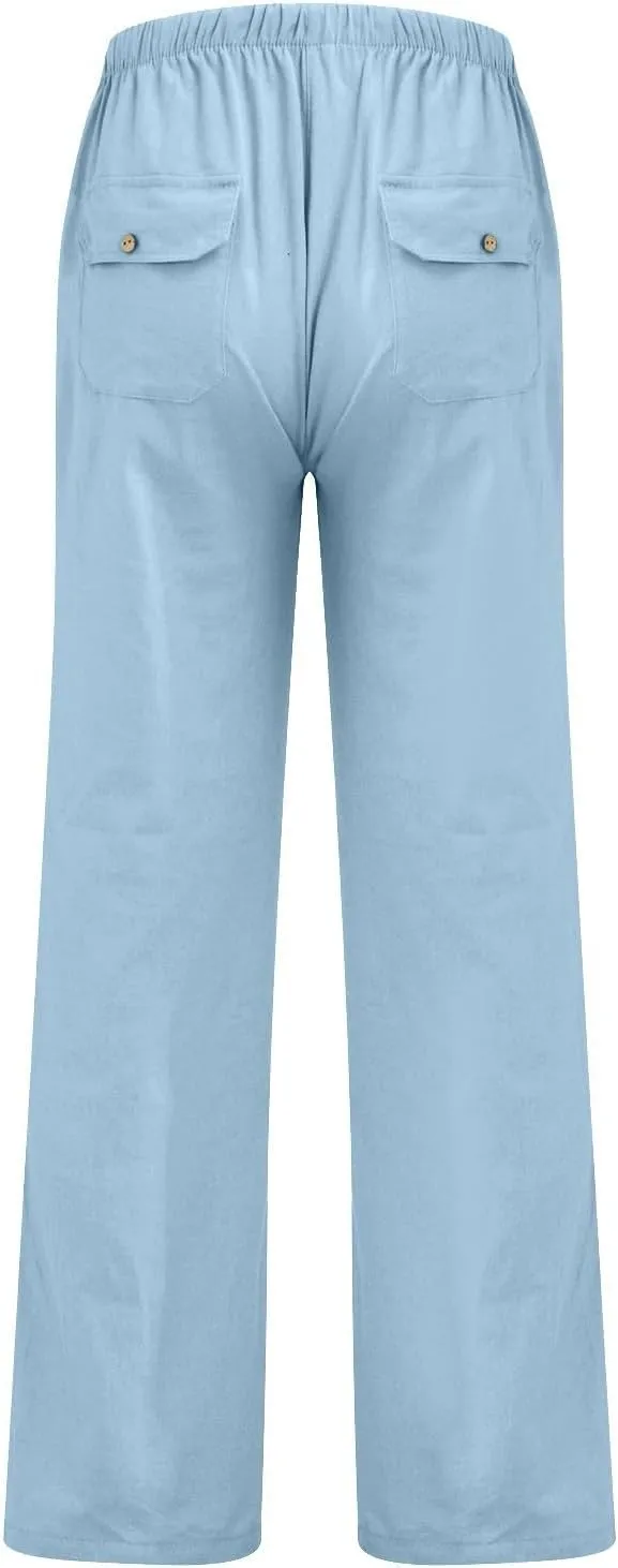 Wide Leg Pants for Women Plus Size Baggy Drawstring Long Cotton Linen Pants Summer Lounge Trousers with Pocket