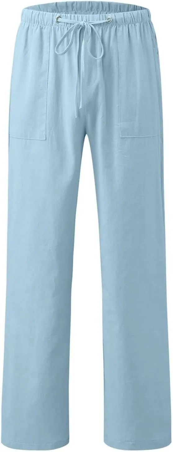 Wide Leg Pants for Women Plus Size Baggy Drawstring Long Cotton Linen Pants Summer Lounge Trousers with Pocket