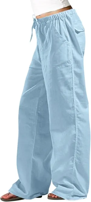 Wide Leg Pants for Women Plus Size Baggy Drawstring Long Cotton Linen Pants Summer Lounge Trousers with Pocket