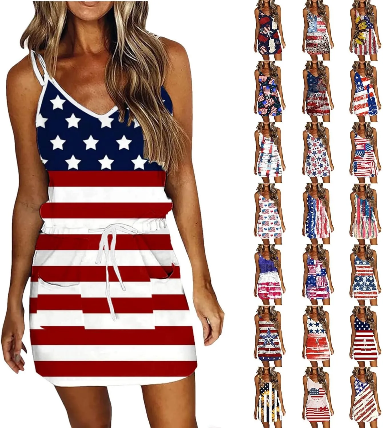 Women 4th of July Flag Tank Dress Summer Casual Striped Patriotic Dress Sleeveless Drawstring Waist Sundress