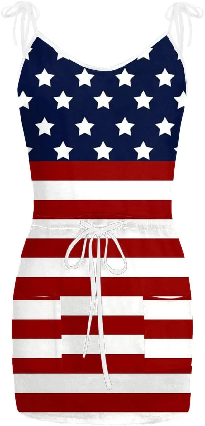 Women 4th of July Flag Tank Dress Summer Casual Striped Patriotic Dress Sleeveless Drawstring Waist Sundress