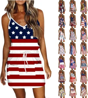Women 4th of July Flag Tank Dress Summer Casual Striped Patriotic Dress Sleeveless Drawstring Waist Sundress