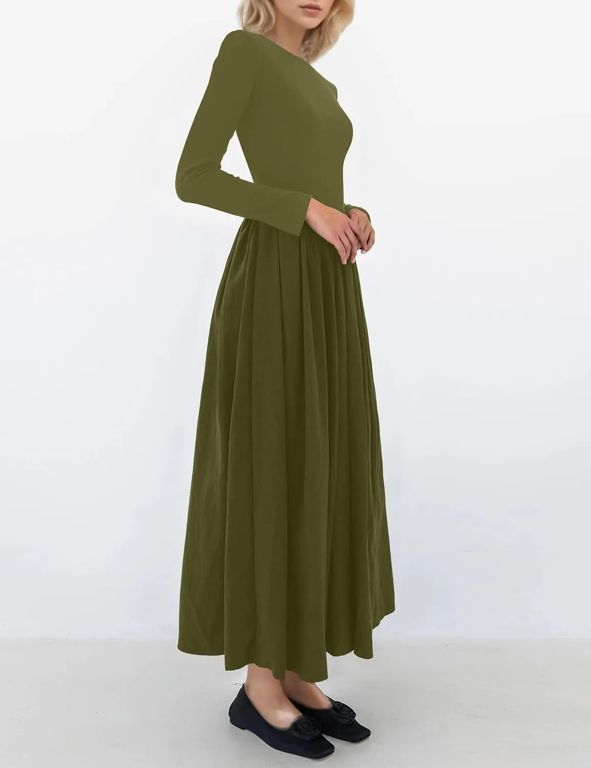 Women Boat Neck Long Sleeve Maxi Dresses Slim Fit Drop-Waist Patchwork Dress Flowy Swing Fall Long Dress