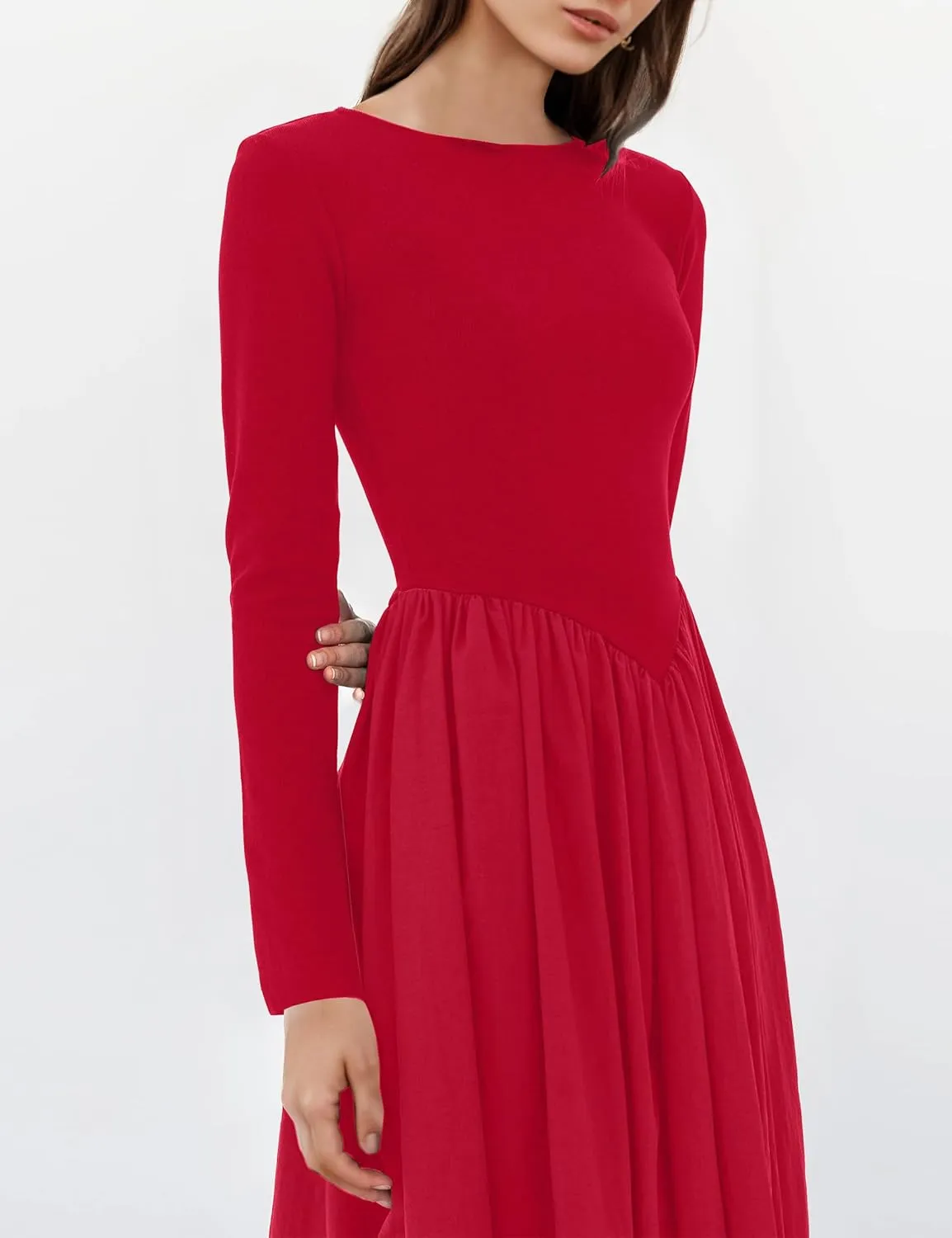 Women Boat Neck Long Sleeve Maxi Dresses Slim Fit Drop-Waist Patchwork Dress Flowy Swing Fall Long Dress