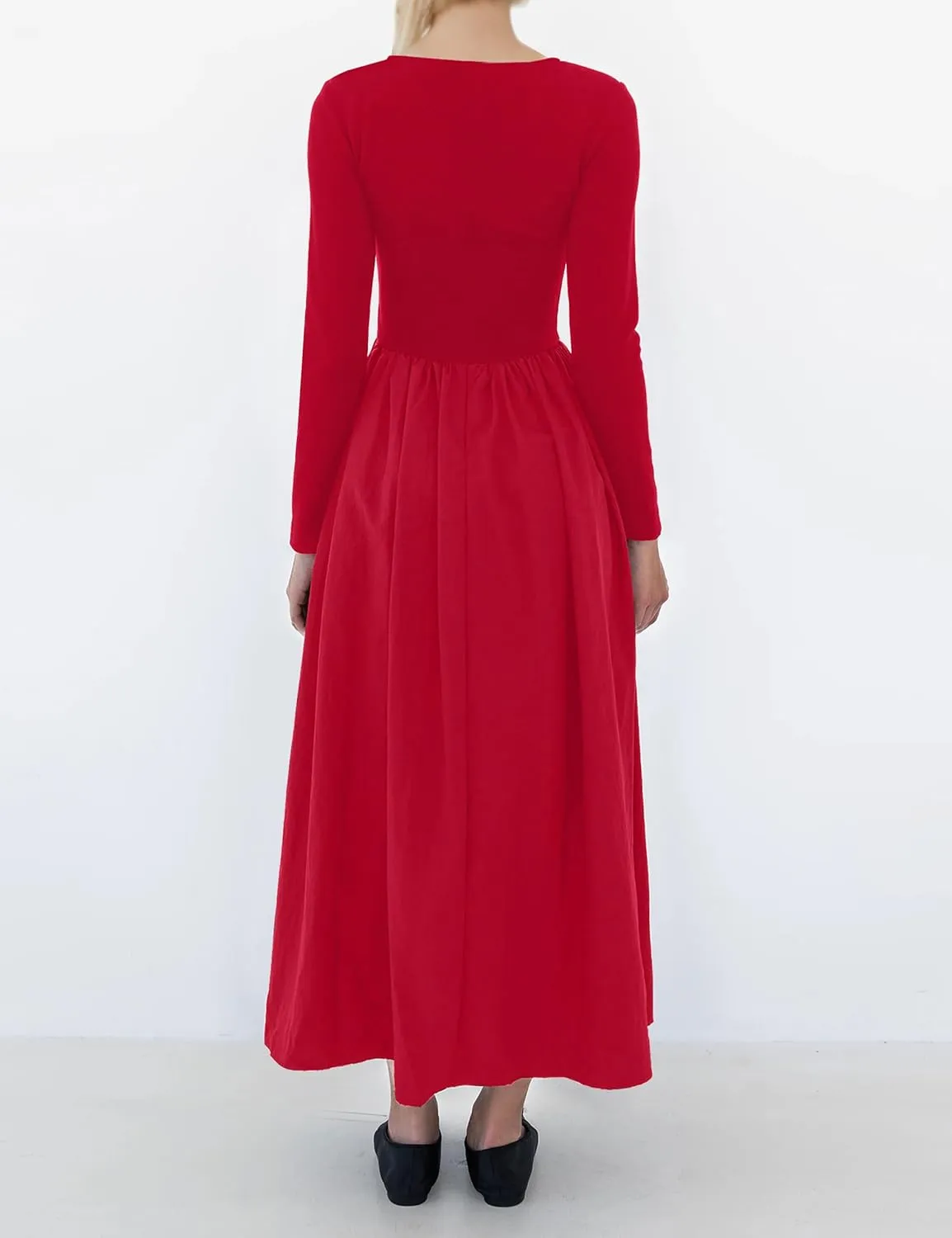 Women Boat Neck Long Sleeve Maxi Dresses Slim Fit Drop-Waist Patchwork Dress Flowy Swing Fall Long Dress