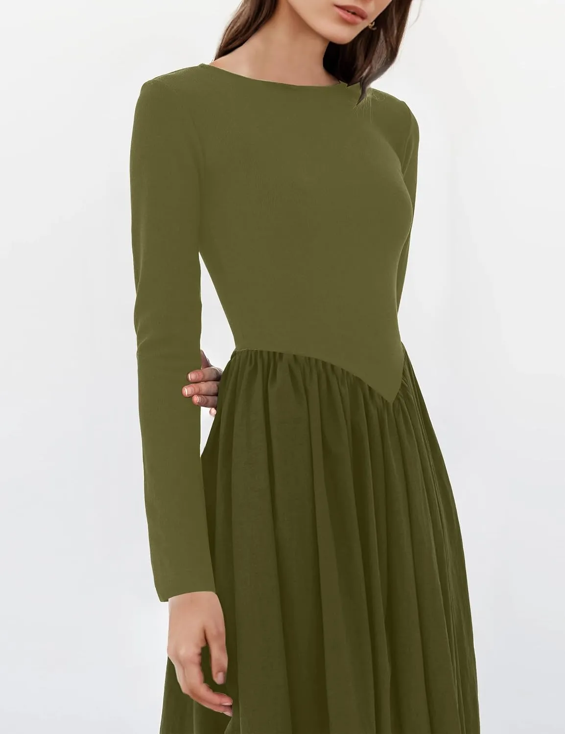Women Boat Neck Long Sleeve Maxi Dresses Slim Fit Drop-Waist Patchwork Dress Flowy Swing Fall Long Dress