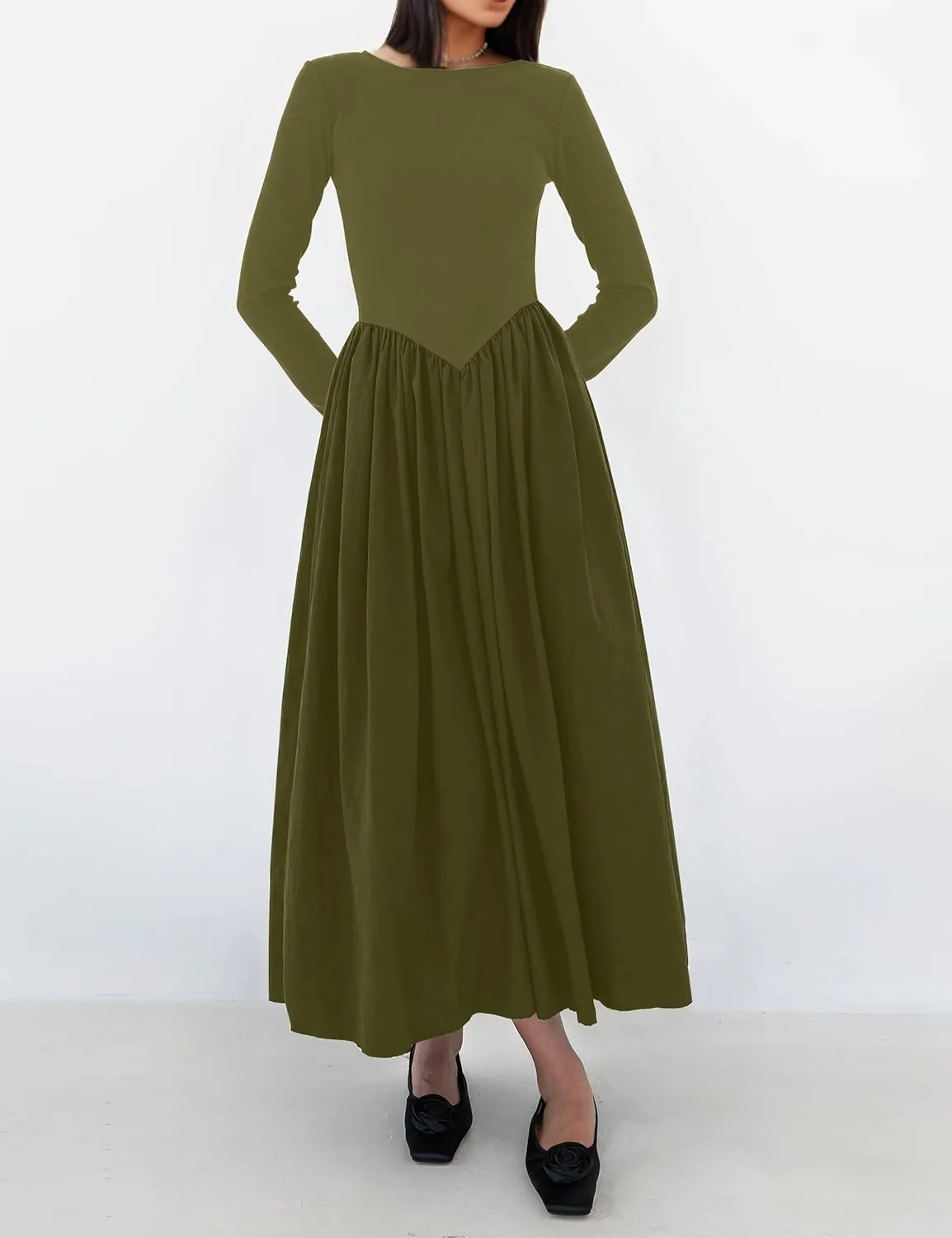 Women Boat Neck Long Sleeve Maxi Dresses Slim Fit Drop-Waist Patchwork Dress Flowy Swing Fall Long Dress
