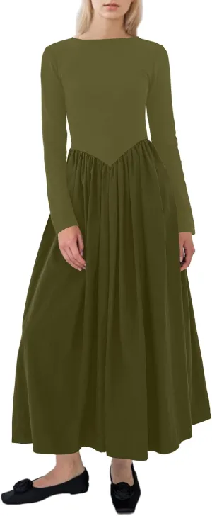 Women Boat Neck Long Sleeve Maxi Dresses Slim Fit Drop-Waist Patchwork Dress Flowy Swing Fall Long Dress
