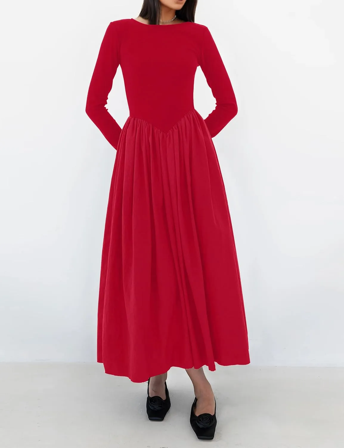 Women Boat Neck Long Sleeve Maxi Dresses Slim Fit Drop-Waist Patchwork Dress Flowy Swing Fall Long Dress