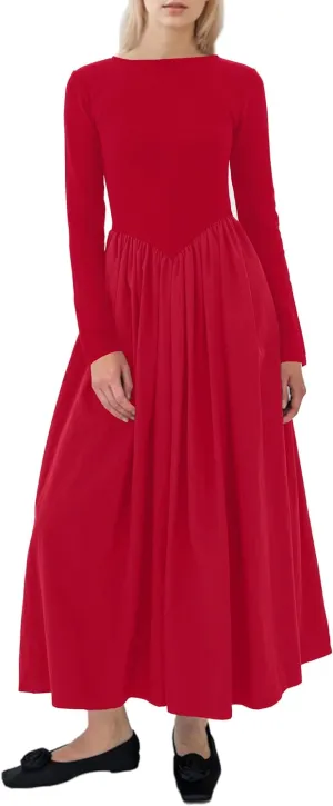 Women Boat Neck Long Sleeve Maxi Dresses Slim Fit Drop-Waist Patchwork Dress Flowy Swing Fall Long Dress