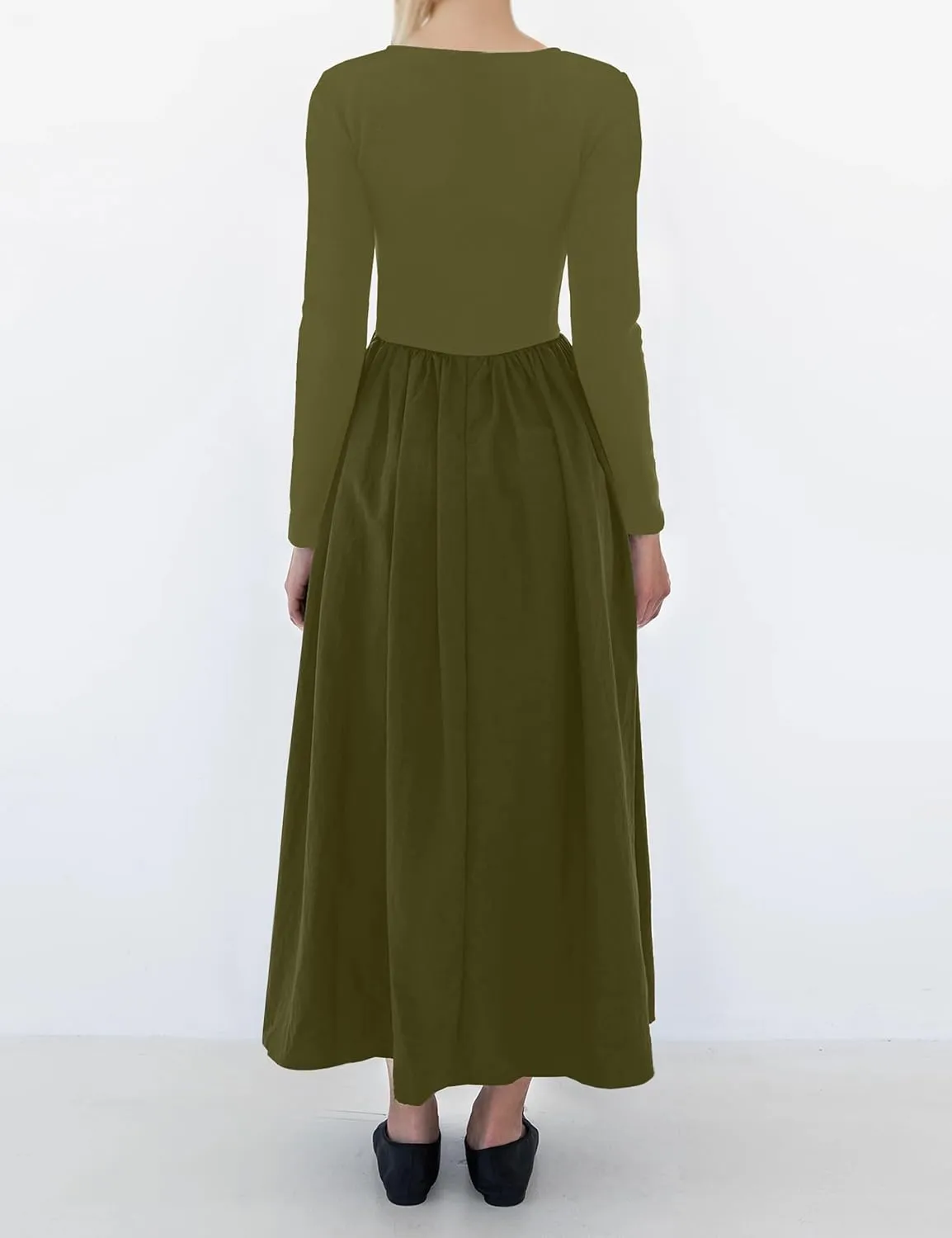Women Boat Neck Long Sleeve Maxi Dresses Slim Fit Drop-Waist Patchwork Dress Flowy Swing Fall Long Dress