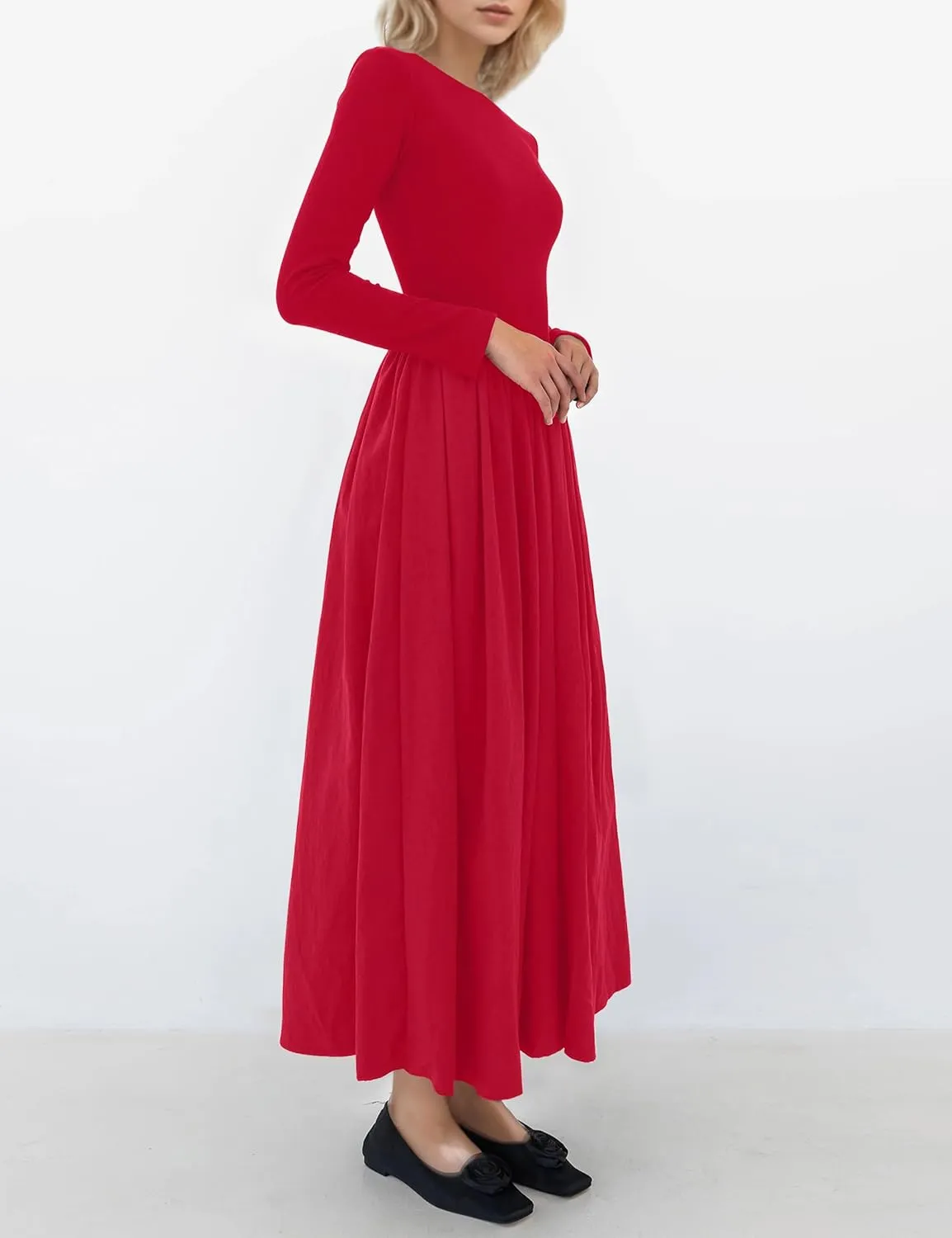 Women Boat Neck Long Sleeve Maxi Dresses Slim Fit Drop-Waist Patchwork Dress Flowy Swing Fall Long Dress