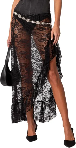 Women Sheer Lace Floral Ruffle Long Skirt Vintage High Waist Solid Color Asymmetrical Hem Flowy Midi Skirts