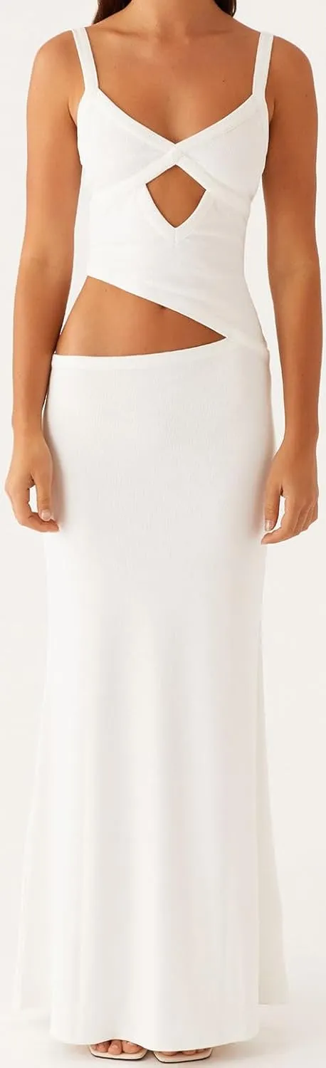 Women Spaghetti Strap Cut Out Maxi Dress Sleeveless V-Neck Backless Hollow Dress Elegant Bodycon Cocktail Dresses