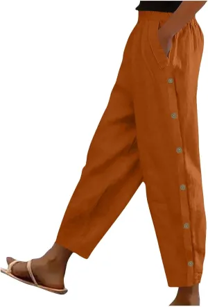 Women Summer Linen Pants Lightweight Elastic Waist Pants Vacation Beach Trouser Side Button Closure Joggers