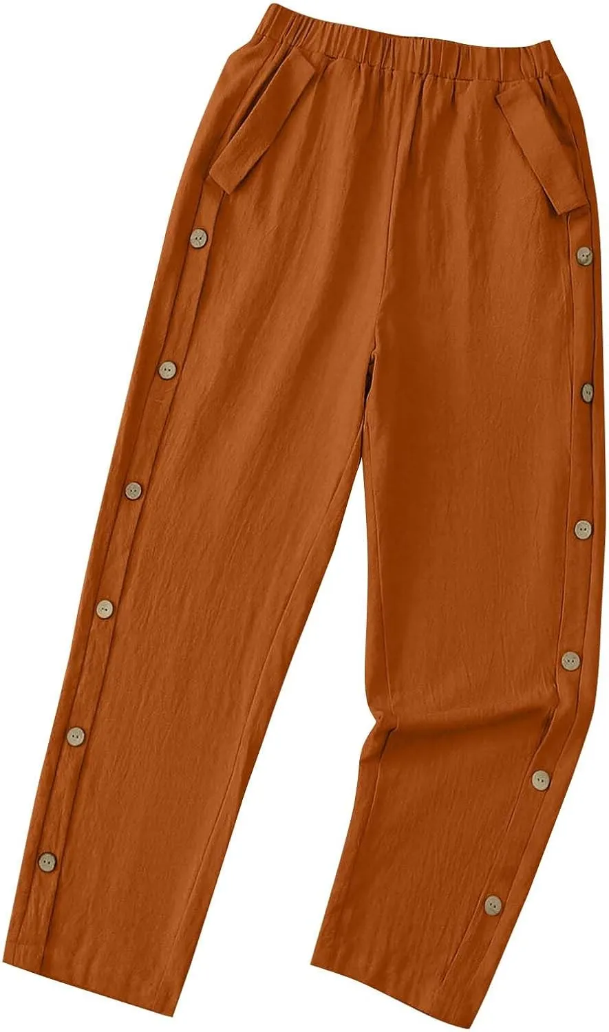 Women Summer Linen Pants Lightweight Elastic Waist Pants Vacation Beach Trouser Side Button Closure Joggers