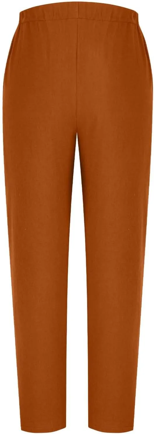 Women Summer Linen Pants Lightweight Elastic Waist Pants Vacation Beach Trouser Side Button Closure Joggers