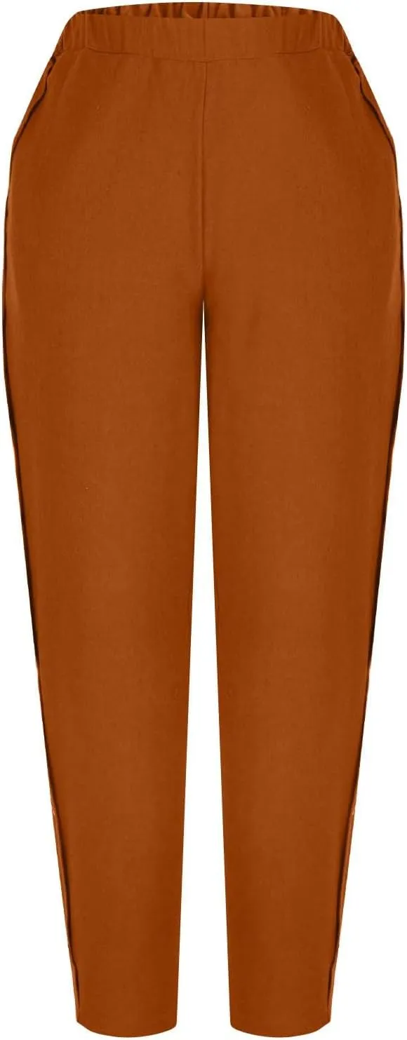 Women Summer Linen Pants Lightweight Elastic Waist Pants Vacation Beach Trouser Side Button Closure Joggers