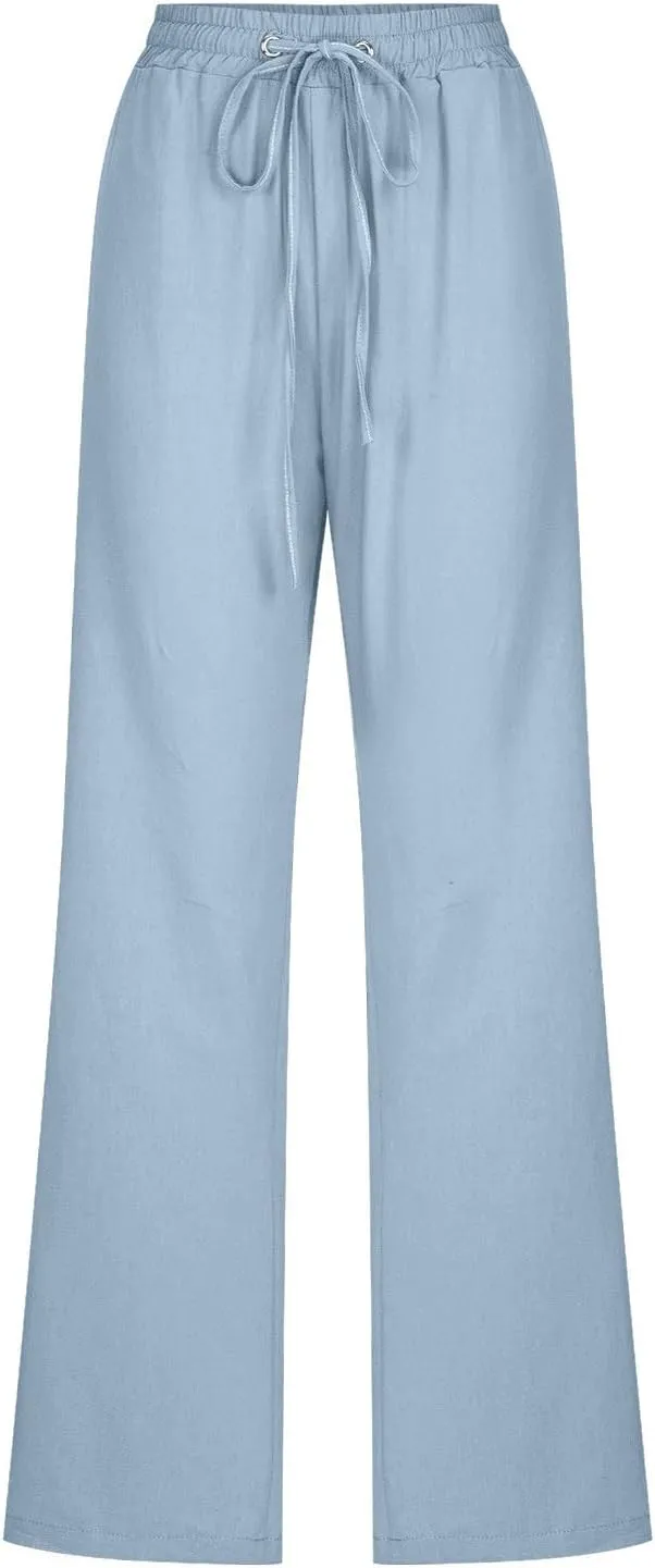 Womens Cotton Linen Pants Straight Leg Lounge Trousers High Waisted Casual Relaxed Fit Long Pant with Pocket