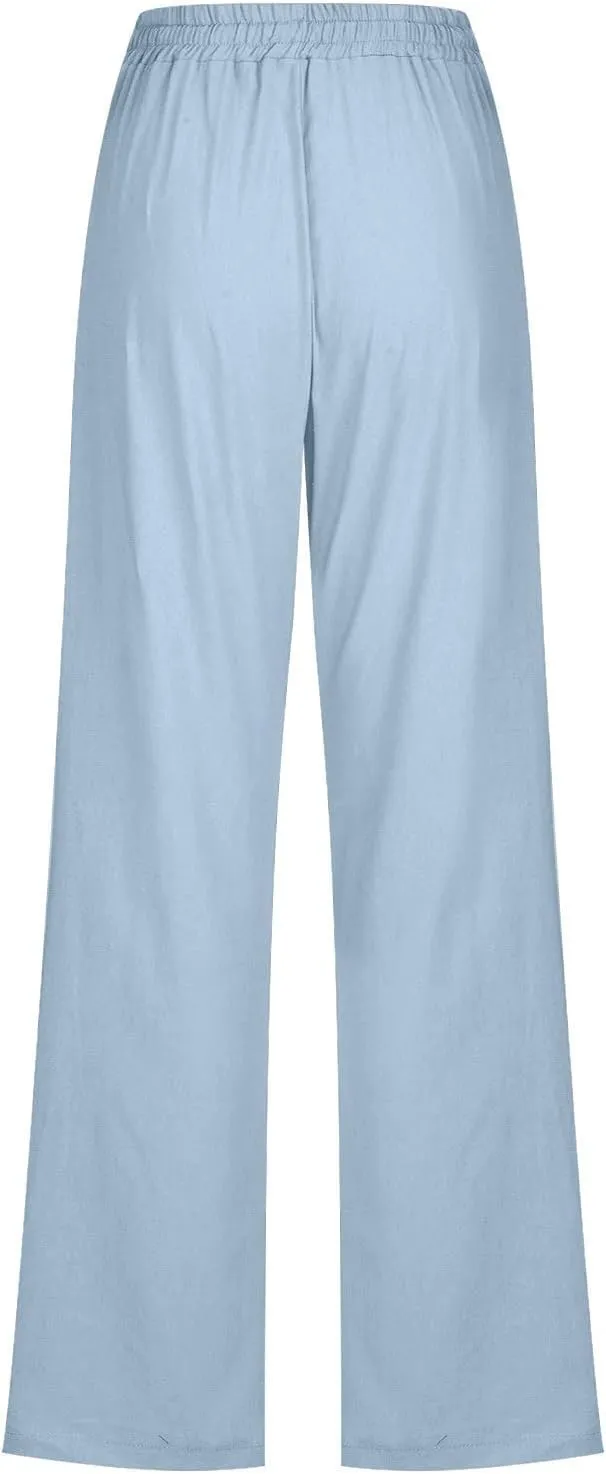 Womens Cotton Linen Pants Straight Leg Lounge Trousers High Waisted Casual Relaxed Fit Long Pant with Pocket