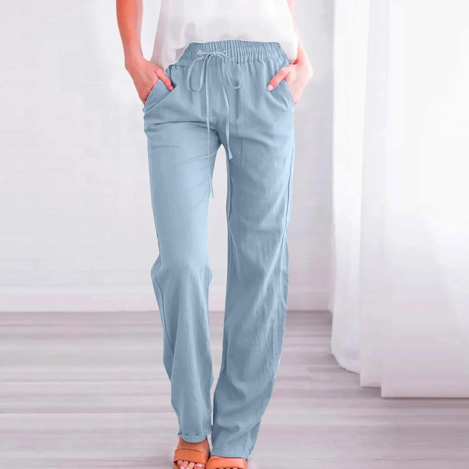 Womens Cotton Linen Pants Straight Leg Lounge Trousers High Waisted Casual Relaxed Fit Long Pant with Pocket