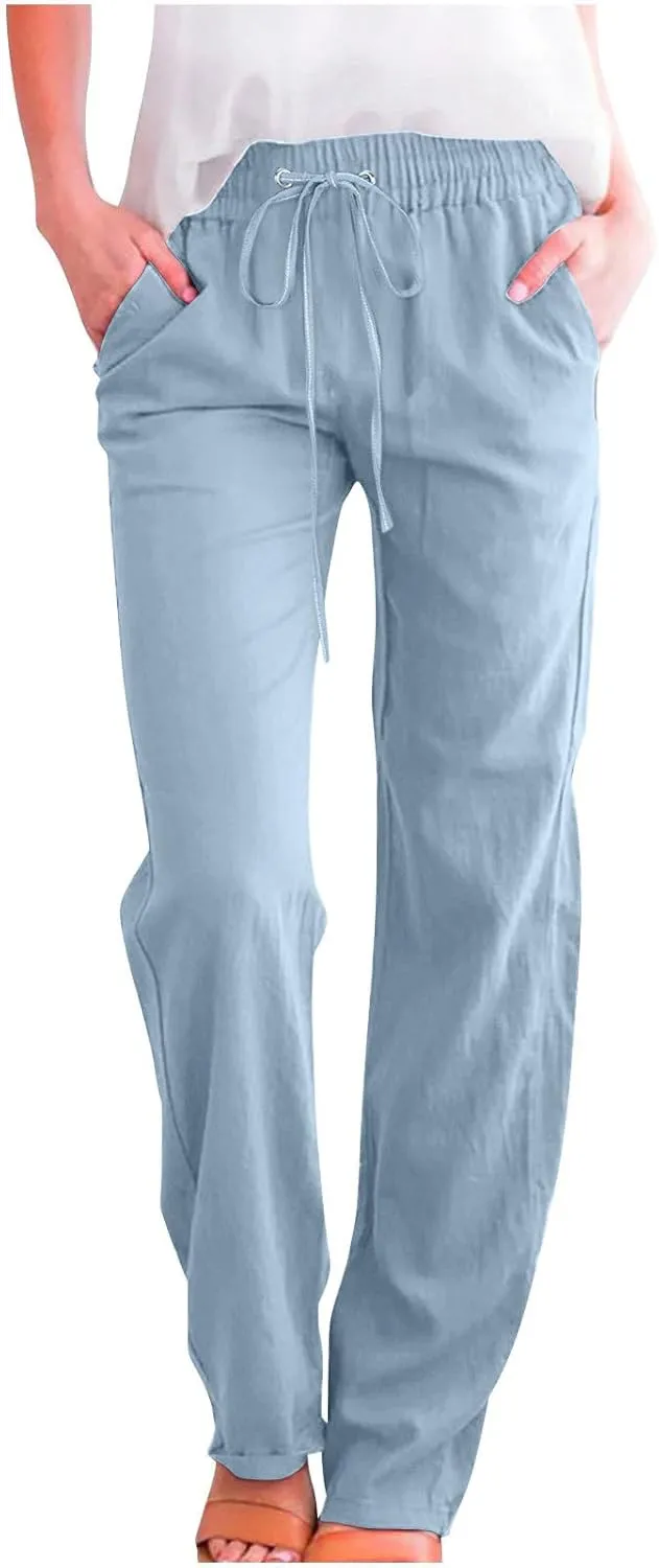 Womens Cotton Linen Pants Straight Leg Lounge Trousers High Waisted Casual Relaxed Fit Long Pant with Pocket
