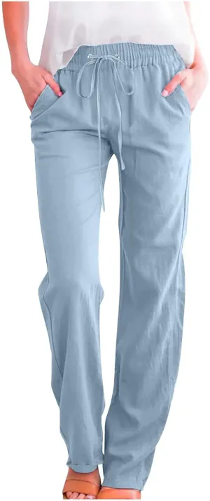 Womens Cotton Linen Pants Straight Leg Lounge Trousers High Waisted Casual Relaxed Fit Long Pant with Pocket