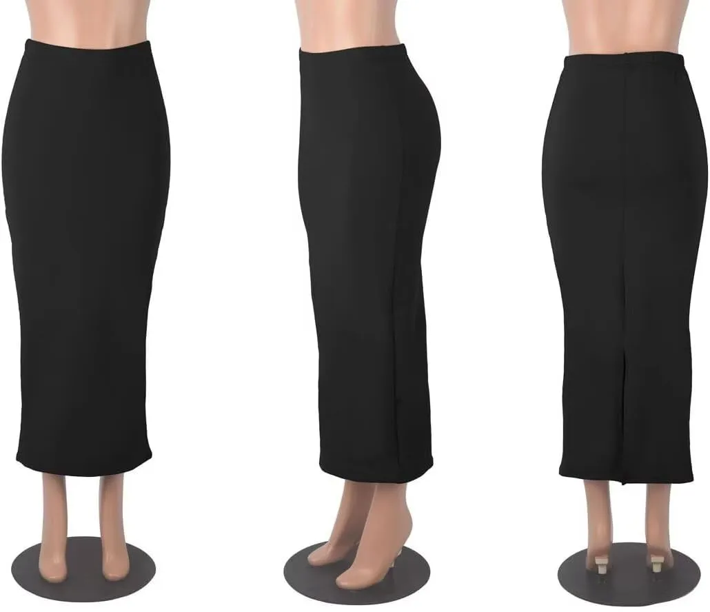 Women's Long Maxi Skirt - Fall Basic Stretch Bodycon High Waist Casual Long Pencil Skirts