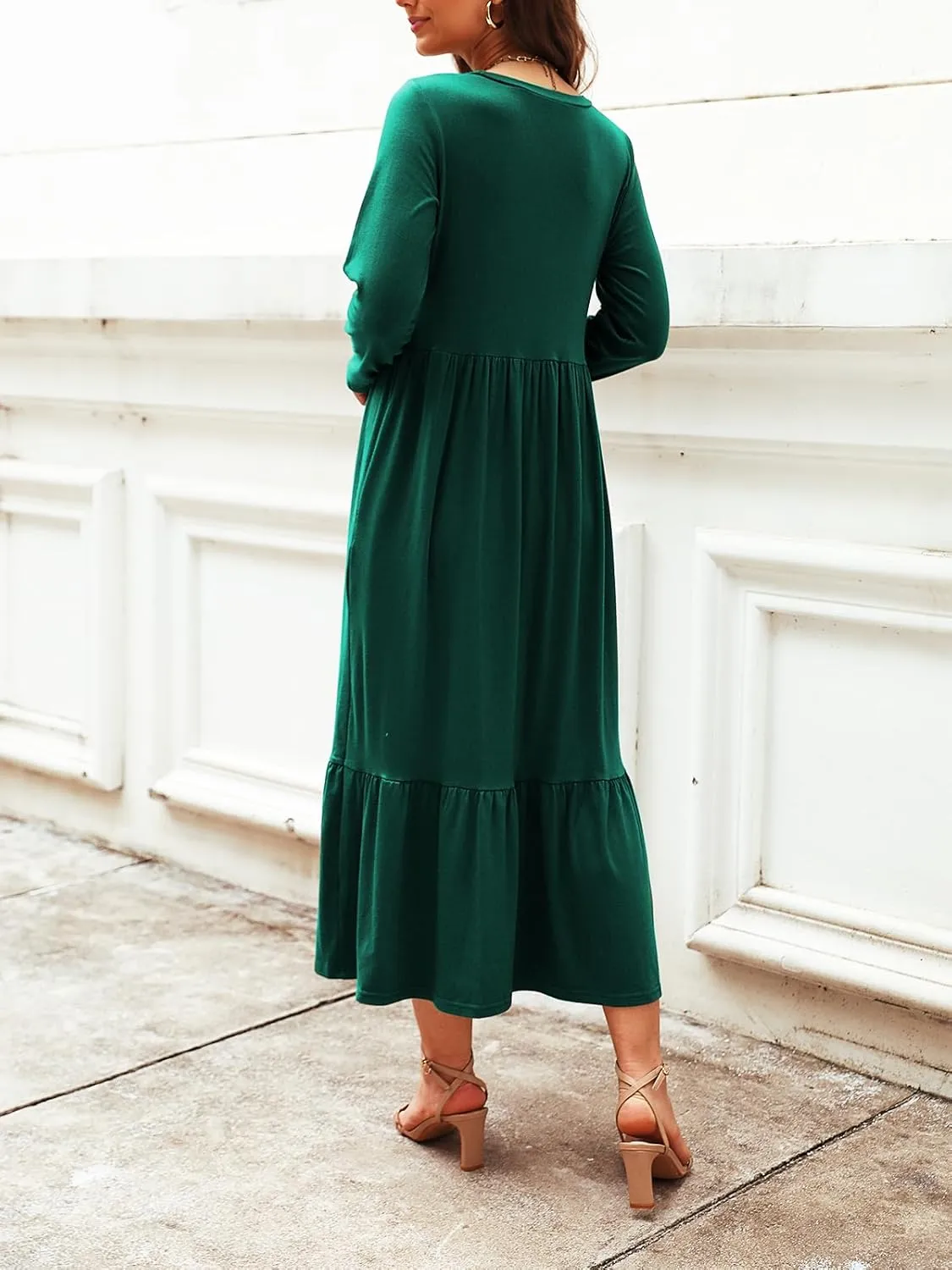Women's Long Sleeves Maxi Dress Casual Loose Tiered Flowy Swing Beach Long Dresses with Pockets