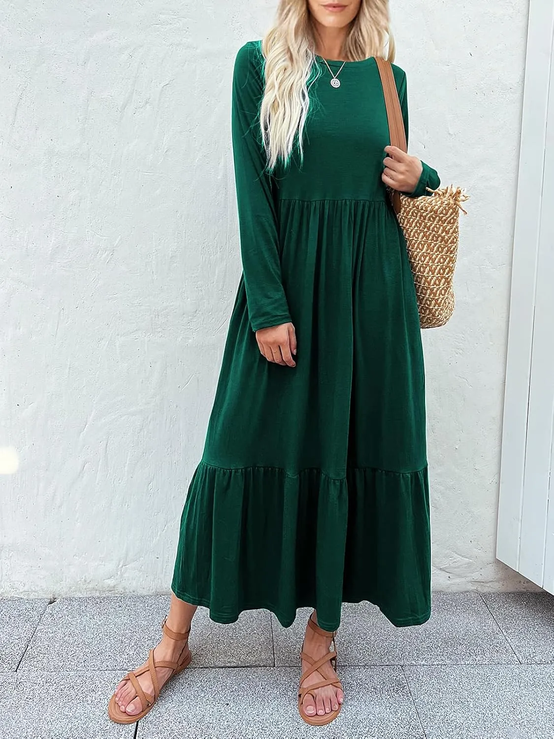 Women's Long Sleeves Maxi Dress Casual Loose Tiered Flowy Swing Beach Long Dresses with Pockets