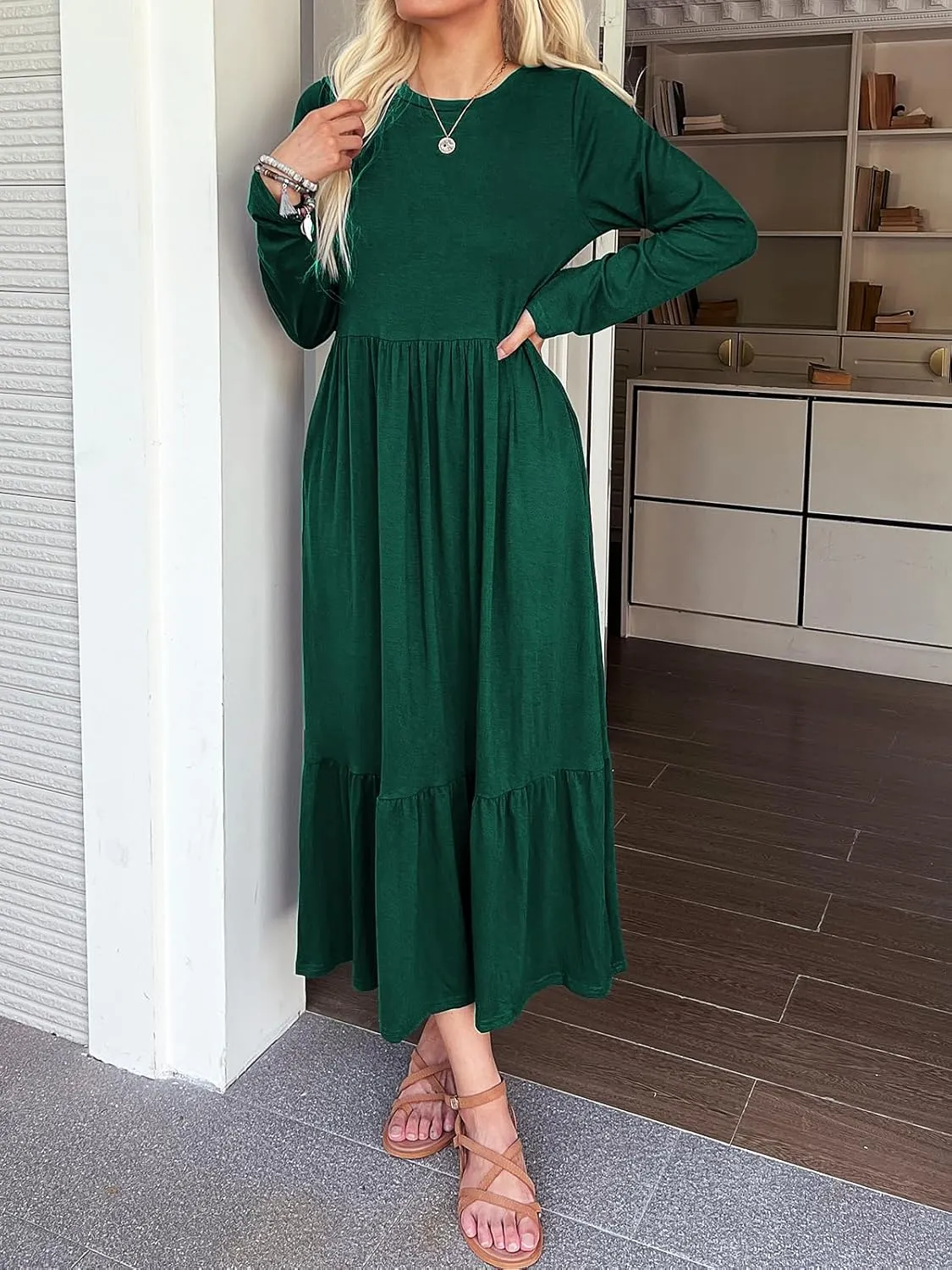Women's Long Sleeves Maxi Dress Casual Loose Tiered Flowy Swing Beach Long Dresses with Pockets