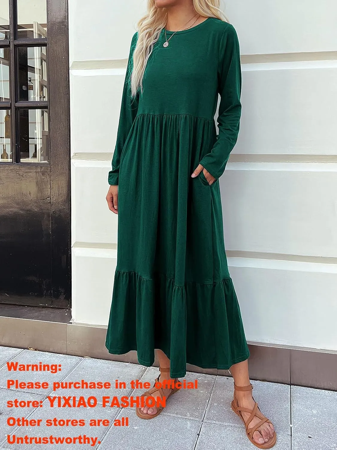 Women's Long Sleeves Maxi Dress Casual Loose Tiered Flowy Swing Beach Long Dresses with Pockets