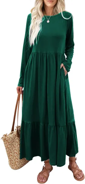 Women's Long Sleeves Maxi Dress Casual Loose Tiered Flowy Swing Beach Long Dresses with Pockets