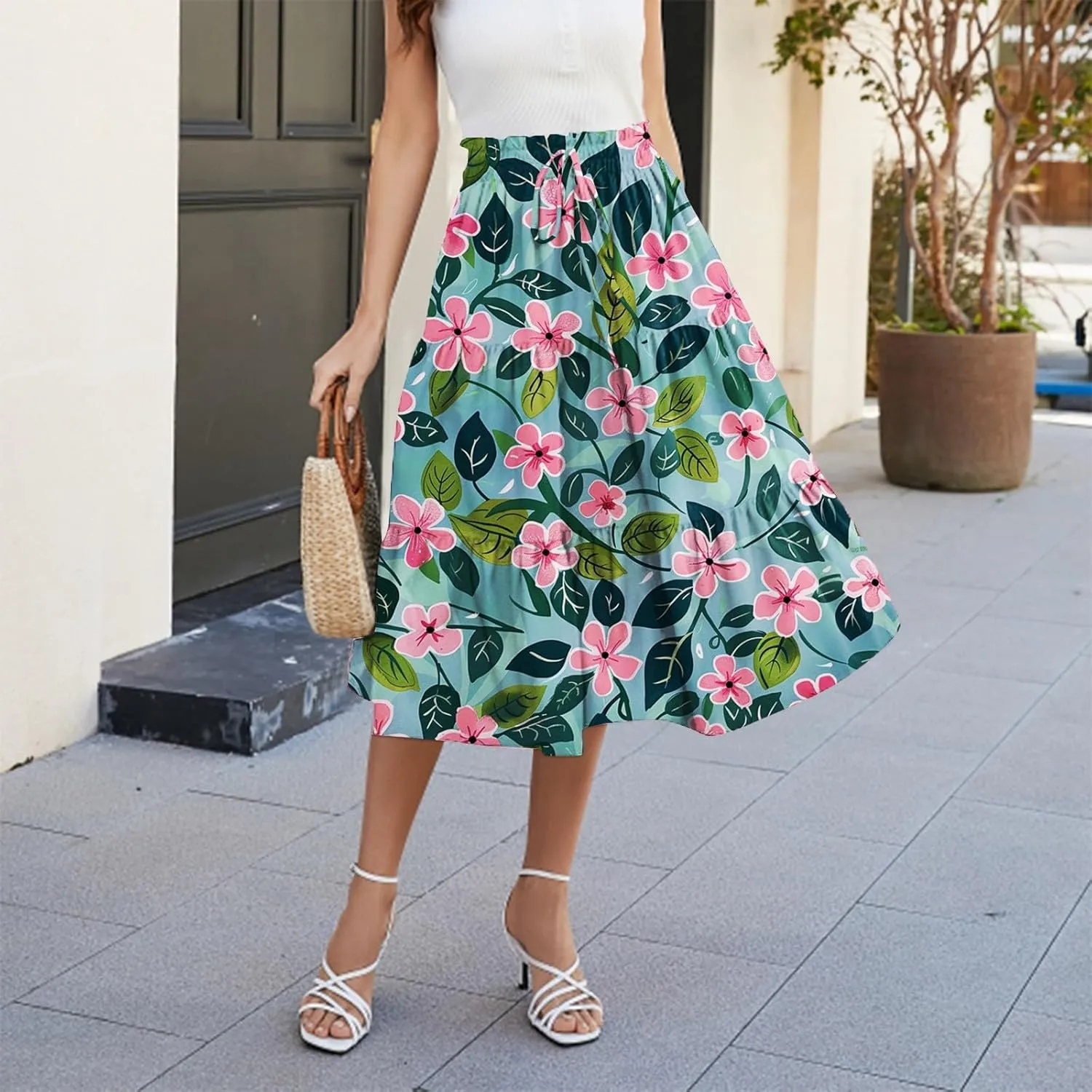 Women's Maxi Dresses 2025 Floral Maxi Skirt Summer Comfy Tiered Elastic High Waisted Skirts Vacation, S-XL