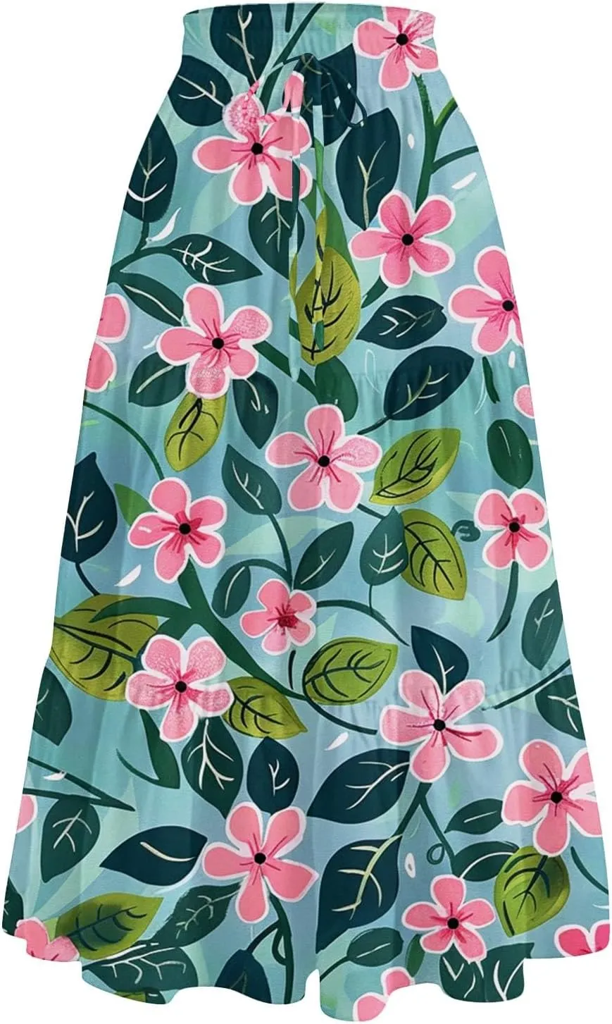 Women's Maxi Dresses 2025 Floral Maxi Skirt Summer Comfy Tiered Elastic High Waisted Skirts Vacation, S-XL